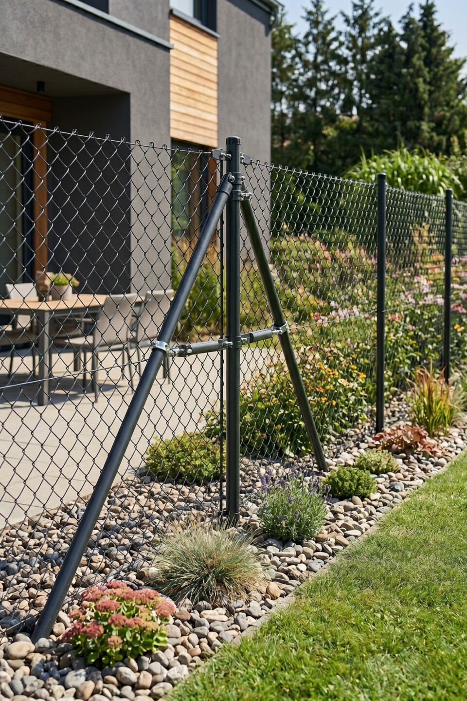 Schwarzer Maschendrahtzaun mit Stütze an einem Gartenbeet
