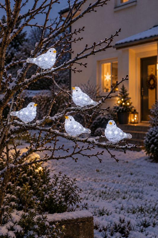 LED Leuchtvögel auf einem Baum im schneebedeckten Garten