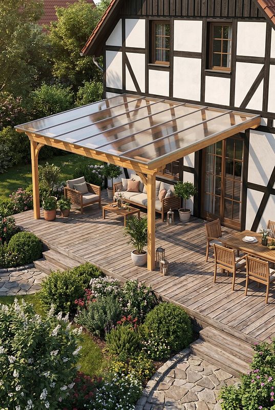 Das lichtdurchlässige Dach bringt Tageslicht auf die Terrasse eines Fachwerkhauses