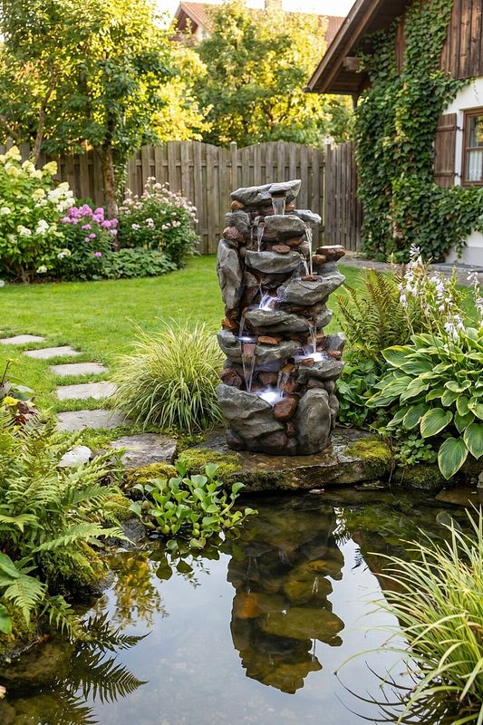 Hoher Steinbrunnen mit mehreren Ebenen neben Teich