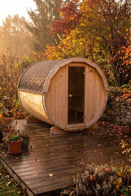 Fasssauna aus hellem Holz prägt die herbstliche Gartenterrasse