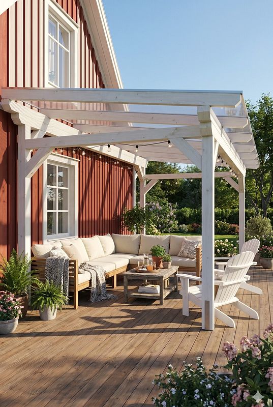 Weiße Terrassenüberdachung und helle Möbel für eine  freundliche Lounge