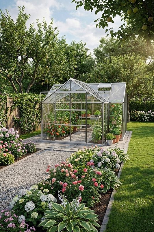 Großes Gewächshaus im Sommer mit Tomaten bepflanzt