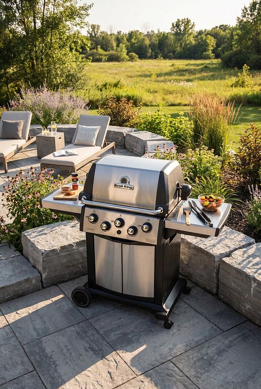 Moderner Gasgrill auf der Terrasse im Garten