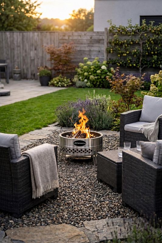 Moderne Edelstahl-Feuerschale auf Steinterrasse im Garten