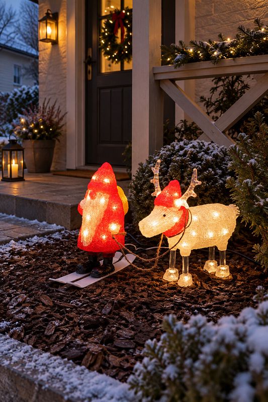 Ein LED Weihnachtsmann und LED Rentier vor einem Hauseingang