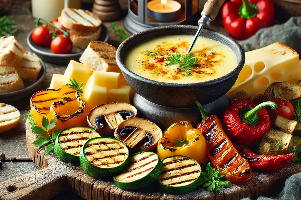 Gegrillte Fondue-Platte mit verschiedenen Dips