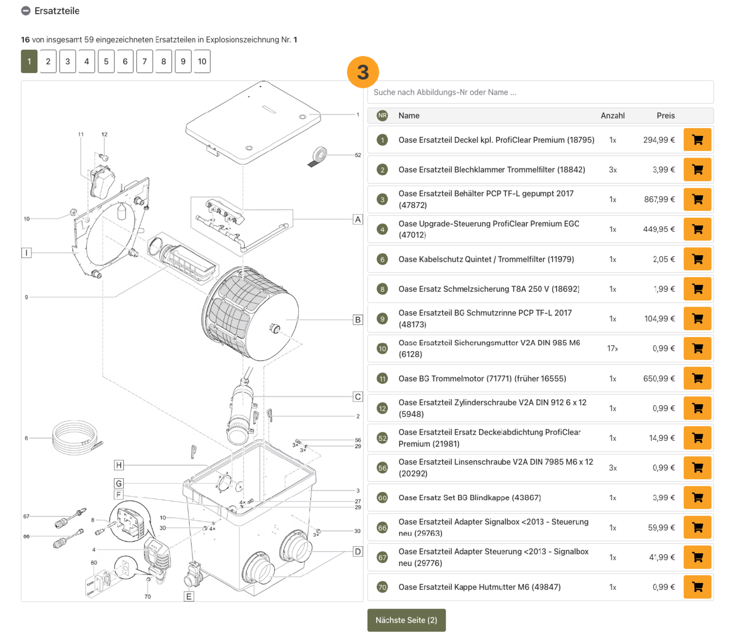 Hier finden sie eine Explosionszeichnung des Geräts mit allen verfügbaren original Ersatzteilen, die sie direkt in den Warenkorb legen können