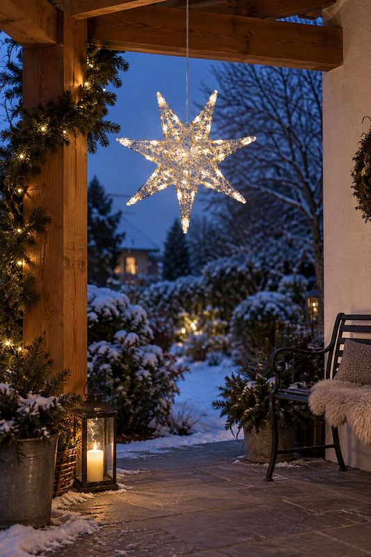 Ein großer LED Leuchtsern hängt unter einer überdachten Terrasse