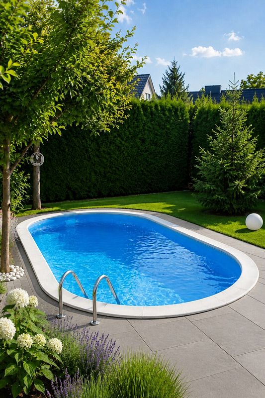 Hintergarten mit großem ovalen Pool umgeben von grüner Hecke