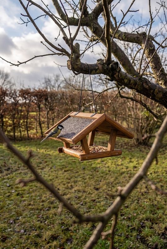 Eine Kohlmeise landet am hängenden Futterhaus aus Holz