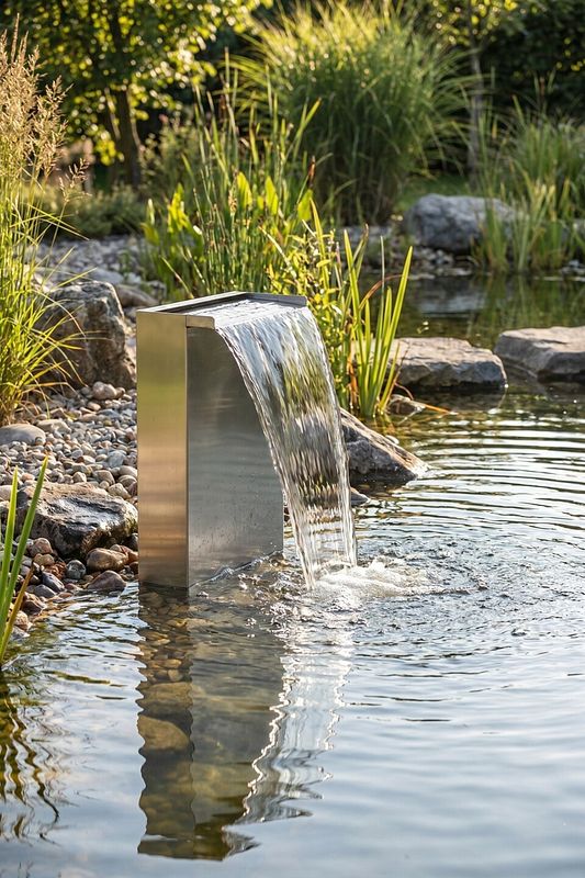 Edelstahl-Wasserfall als modernes Element im Gartenteich