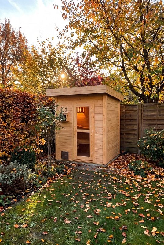 Gartensauna mit Flachdach setzt klare Linien im herbstlichen Garten