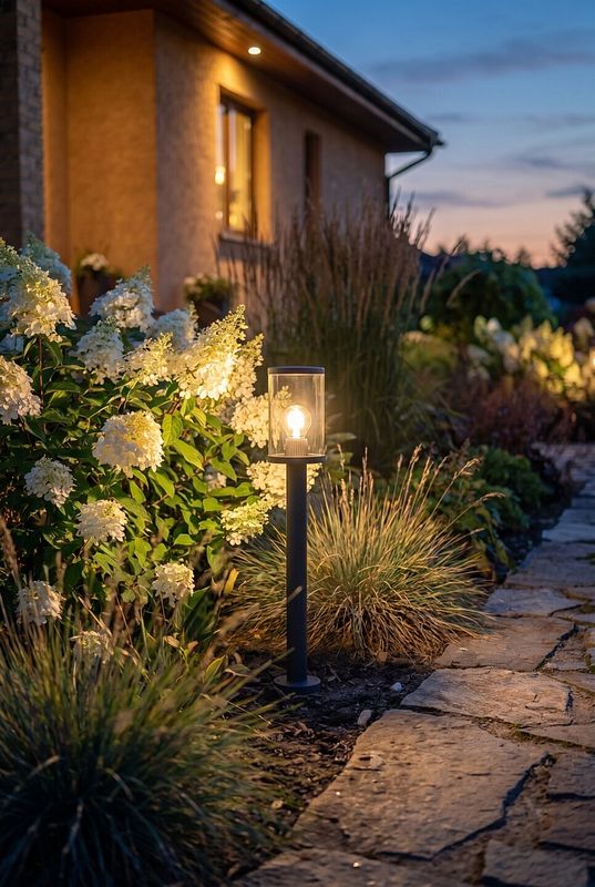 Eine schlichte Standleuchte beleuchtet einen Busch neben dem Weg im Garten