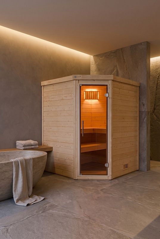 Eine Ecksauna im privaten SPA Bereich neben freistehender Badewanne