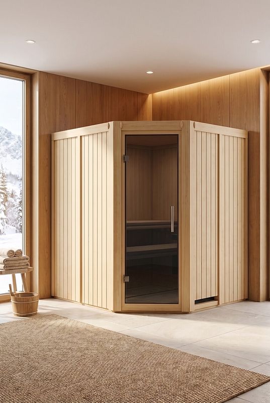 Ein besonders breiter Flur oder eine großzügige Diele kann ausreichend Raum für eine kompakte Sauna bieten. Eine schrankähnliche Ausführung wie die Jarin von Karibu lässt sich optisch wie ein hochwertiges Einbaumöbel in das Raumkonzept integrieren. Helles Holz und eine dunkle Glastür wirken modern, ohne den Eingangsbereich unnötig unruhig zu machen.  Ein Flur ist allerdings in erster Linie Verkehrs- und häufig auch Fluchtweg. Seine erforderliche Durchgangsbreite darf durch die Sauna nicht beeinträchtigt werden. Zusätzlich müssen Stromversorgung, Belüftung, Boden und der Weg zur Dusche passen. Deshalb eignet sich diese Idee nur für eine ausreichend große und baulich geeignete Fläche – nicht für einen schmalen Standardflur.