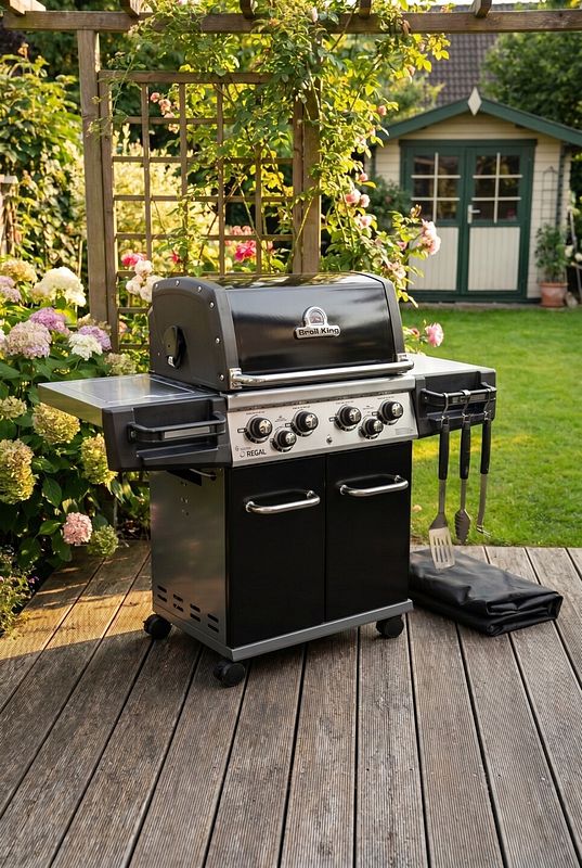 Hochwertiger Gasgrill mit Seitenkochplatte auf der Terrasse
