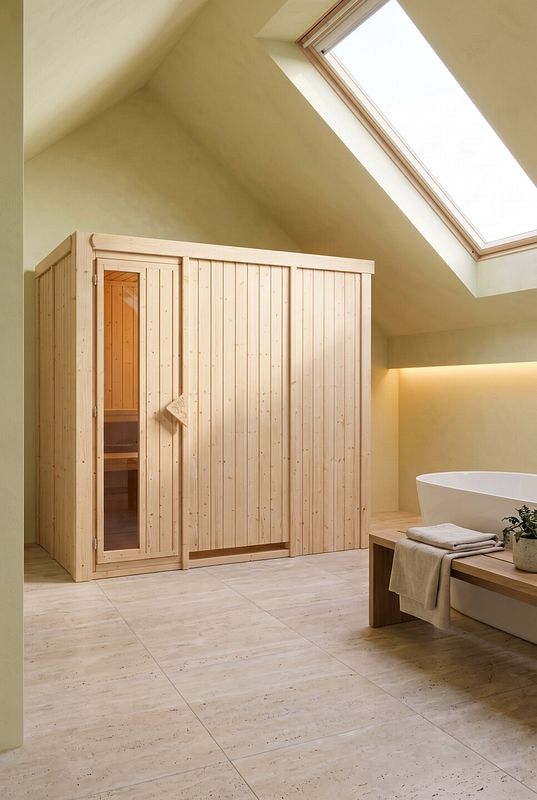 Innensauna und Badewanne in einem hellen Badezimmer mit Dachschräge