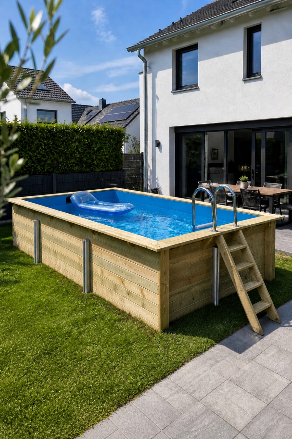Rechteckiger Aufstellpool im Garten eines modernen Hauses