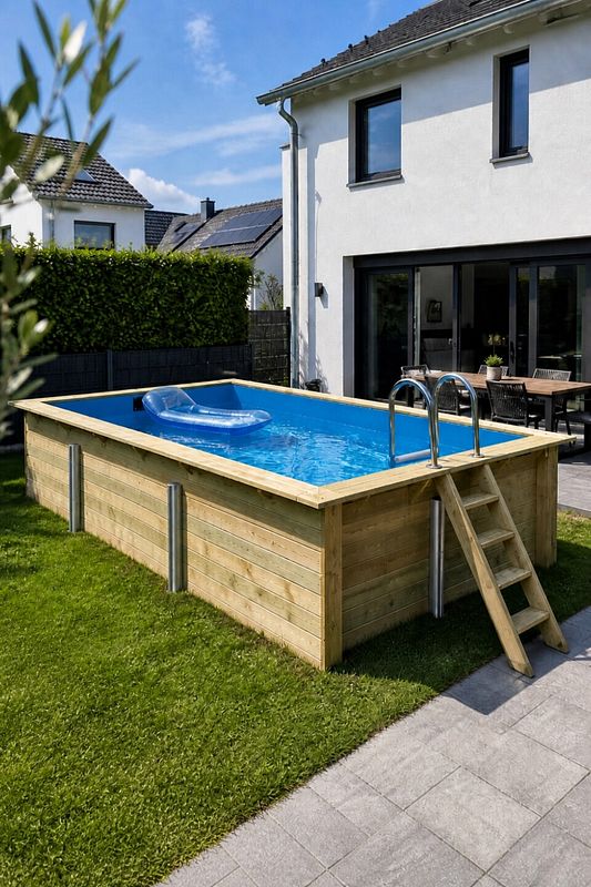 Rechteckiger Aufstellpool im Garten eines modernen Hauses
