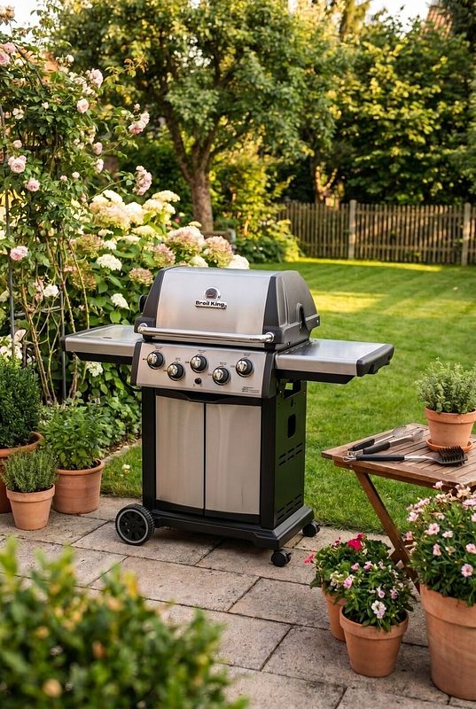 Moderner Gasgrill inmitten üppiger Beete und Sträucher