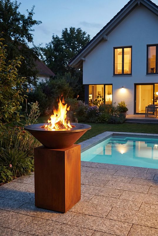 Kegelförmige Feuerstelle auf Cortenstahl-Sockel am Pool