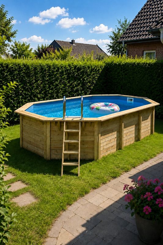 Pool im Hintergarten umgeben von einer hohen grünen Hecke