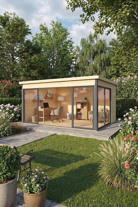 Gartenhaus mit Glasfront als Homeoffice