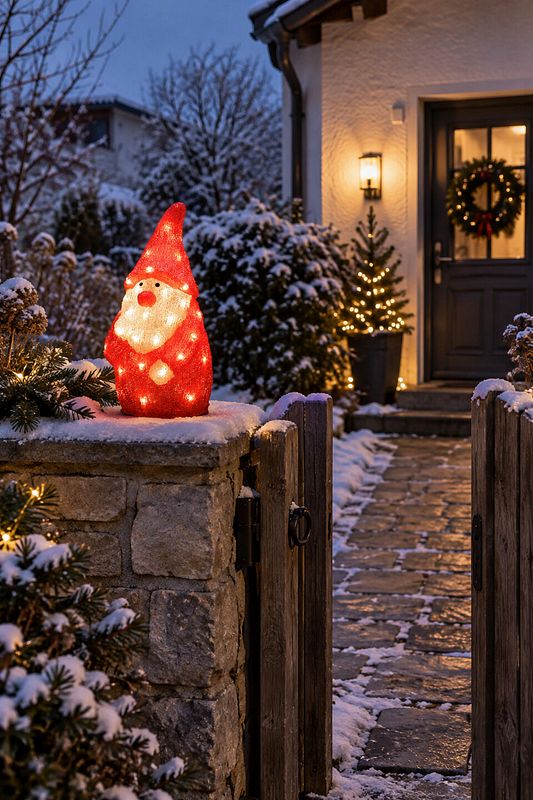 Ein LED Weihnachstmann auf einer Gartenmauer die mit Schnee bedeckt ist