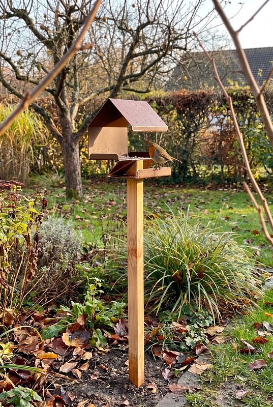 Im Herbstgarten besucht ein Rotkehlchen das braune Metall-Vogelhaus
