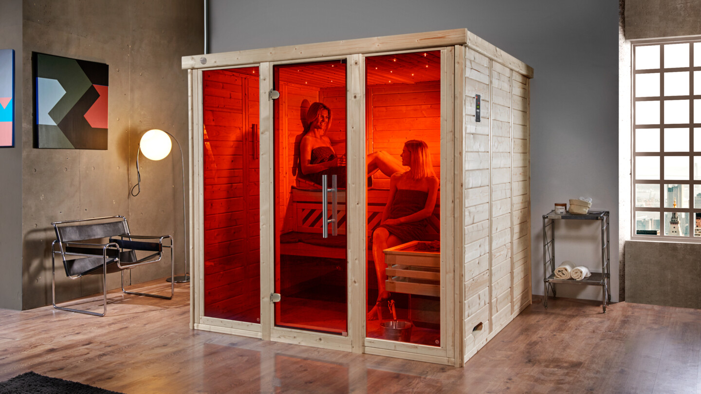 Weka Premium Massivholz-Elementsauna Kemi Panorama 3 mit Glastür