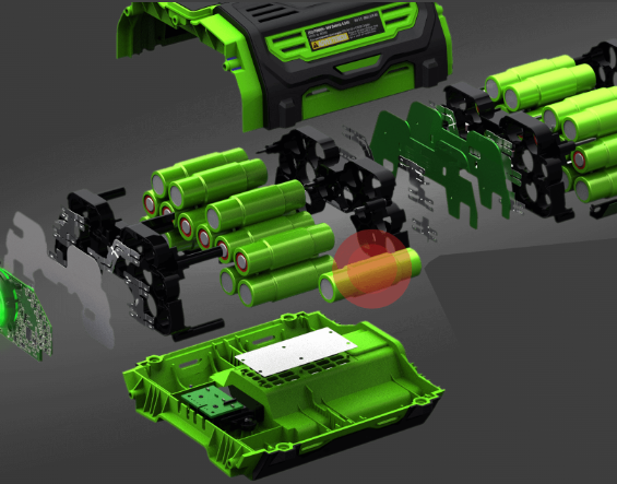 EGO Power Plus Akku - Effizienz dank bogenförmigem Design Explosionszeichnung Akku Ego Power