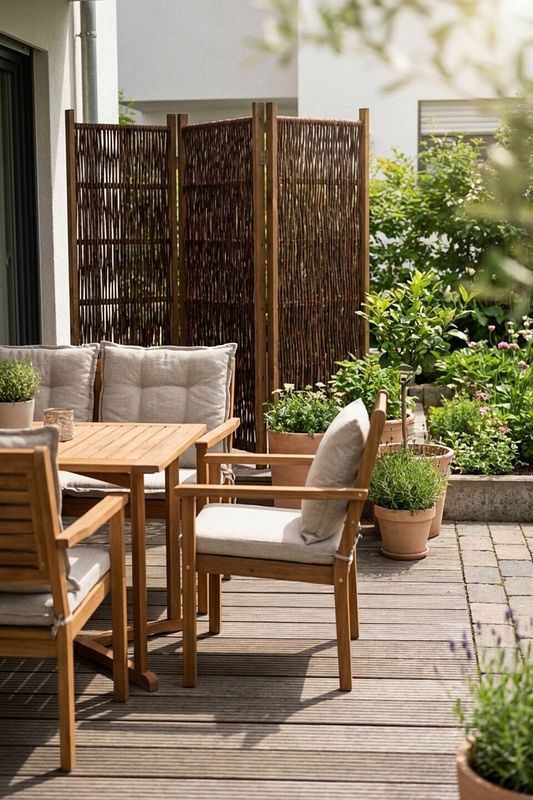 Paravant aus Weidenruten als Sichtschutz an Terrasse mit Gartenmöbeln