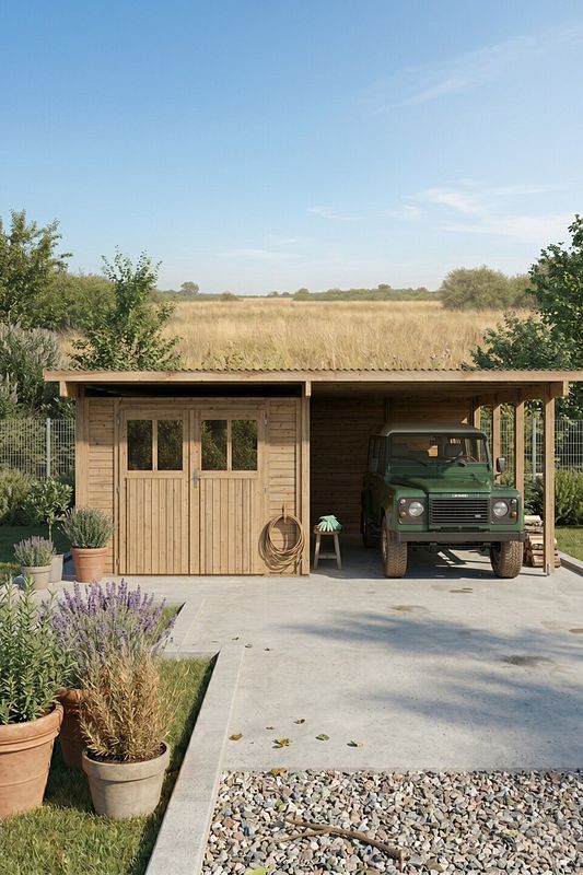 Carport mit hölzerner Garage und grünem Geländewagen