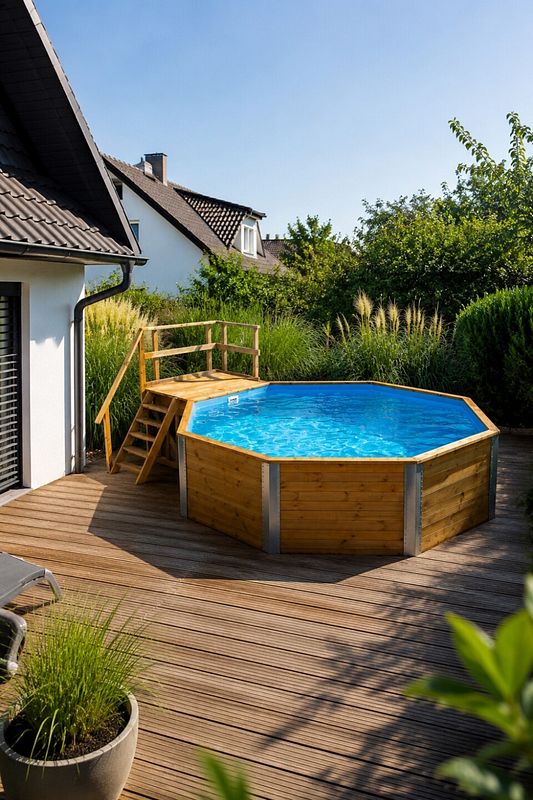Achteckiger Pool auf Holzterrasse in deutschem Garten umgeben von hohen Sträuchern