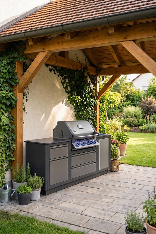 Überdachte Outdoor-Küche mit Einbaugrill im Garten
