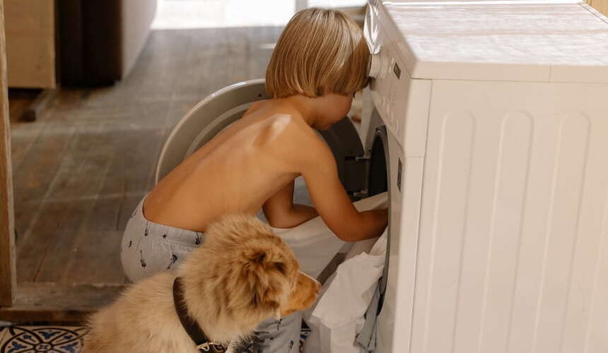 Waschmaschine Kind und Hund befüllen die Waschmaschine
