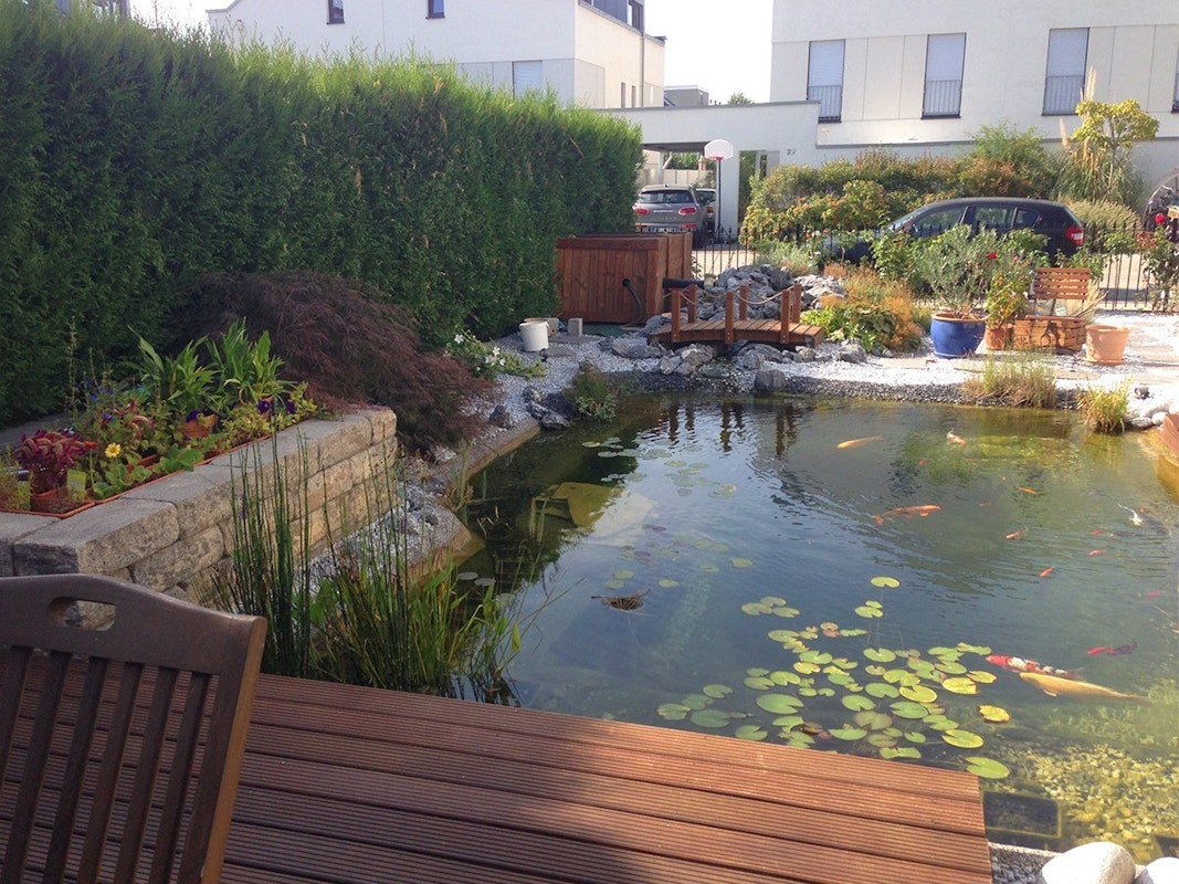 Großzügiger Koiteich direkt an der Terrasse im Vorgarten. Großer Koiteich direkt neben der Bangkirai-Terrasse im Vorgarten.