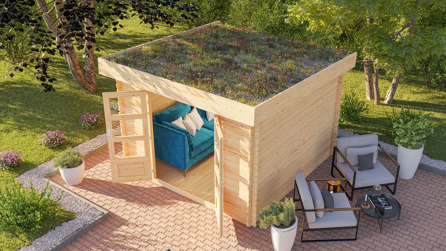 Karibu Gartenhaus Blockbohlenhaus Flora 3/5 - inkl. Dachbegrünungsmaterial