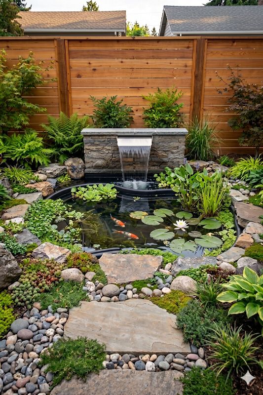 Kleiner Koi-Teich mit Wasserfallwand vor Gartenzaun