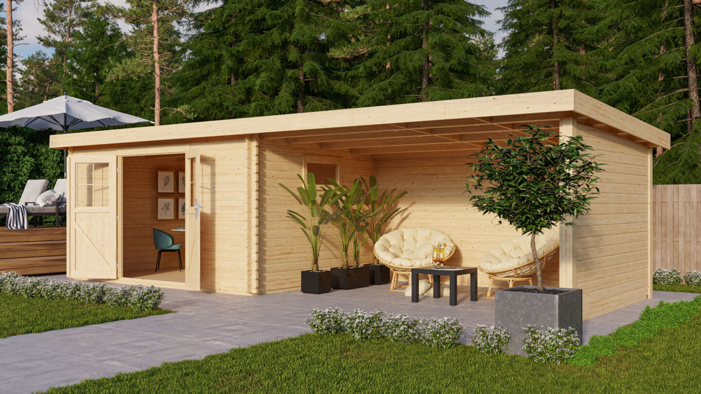 Karibu Premium Gartenhaus Torgau 3/4/5 mit 400 cm Anbaudach