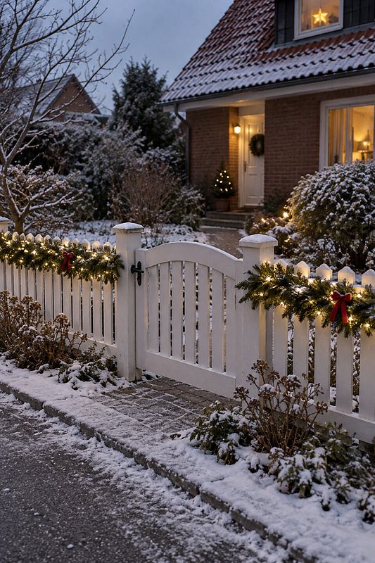Tannengrün und Lichterkette schmücken einen Gartenzaun im Winter