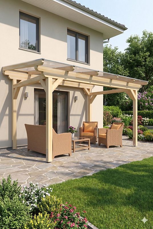 Rattan-Lounge unter einer hellen Terrassenüberdachung mit Pultdach