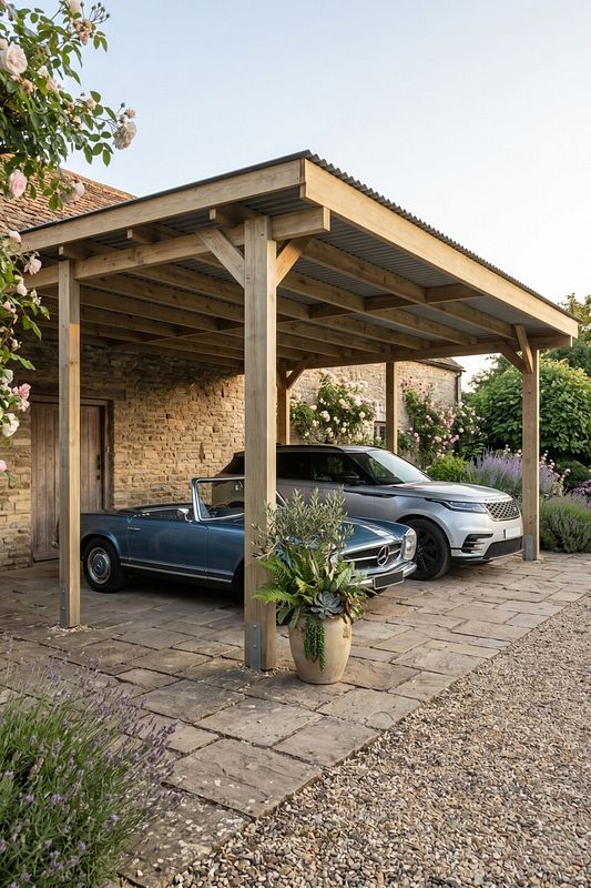Vor dem Haus steht ein Carport aus Holz mit zwei geparkten Autos
