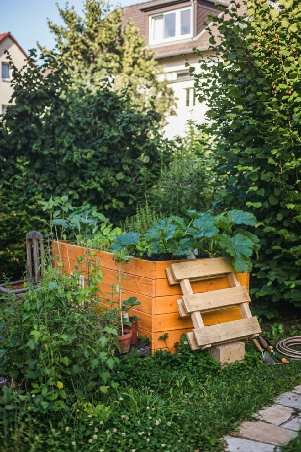 Hochbeet aus Holz mit Gemüsepflanzen im grünen Hausgarten