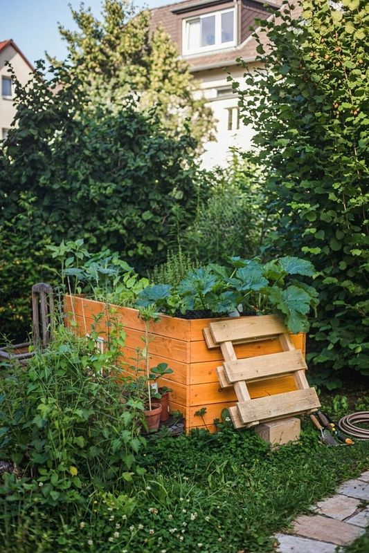 Hochbeet aus Holz mit Gemüsepflanzen im grünen Hausgarten