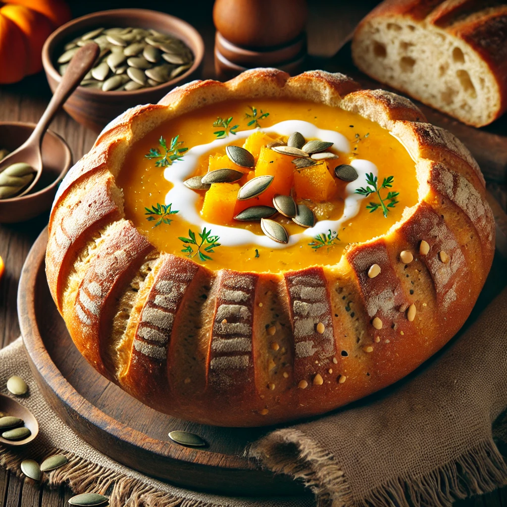 Gegrillte Kürbissuppe im Brotlaib