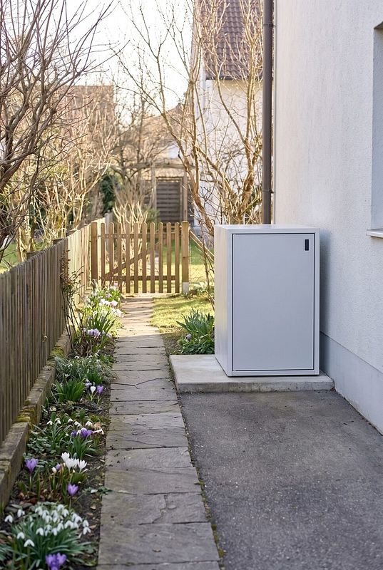 Eine schmale Mülltonnenbox steht an einem Weg hinter dem Haus.