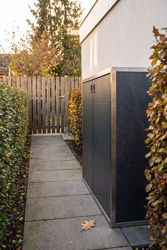 Türen mit Quadratprägung setzen an einer Mülltonnenbox moderne Akzente.