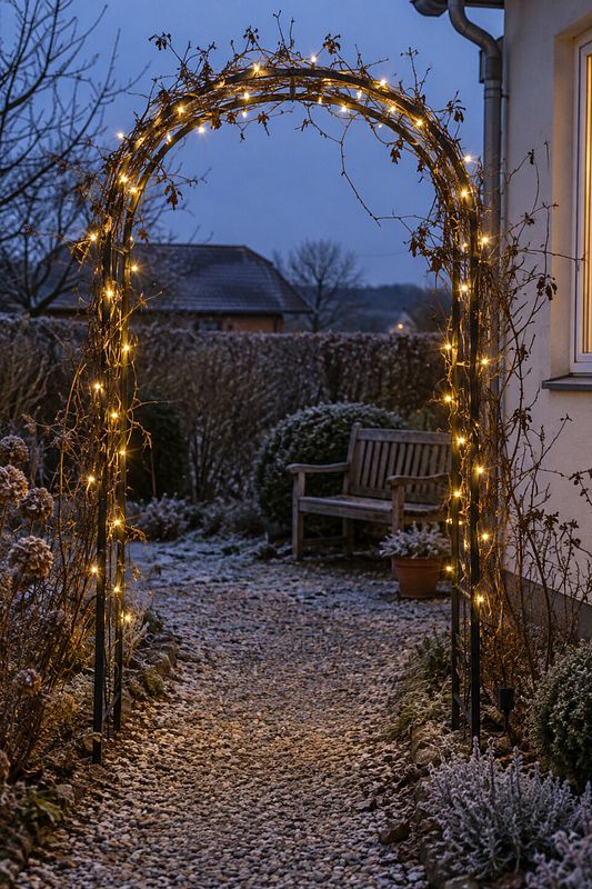 Mit einer Lichterkette geschmückter Rosenbogen über einem Gartenweg.